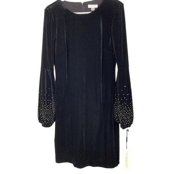 Calvin Klein Black Velvet Dress With Embellished Pouf Sleeves Holiday Size 8 NWT - Picture 1 of 12